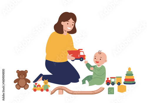 Woman kneels offering a toy truck to a baby amidst other toys