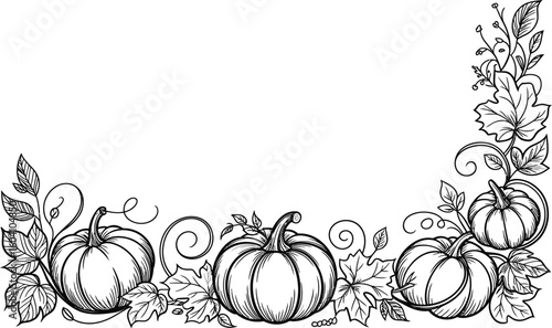 Black and white pumpkins and leaves border illustration