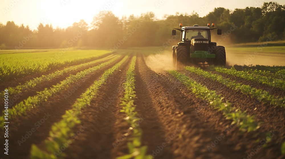 Fototapeta premium Tractor tilling farmland rows with young plants during golden hour at a farm