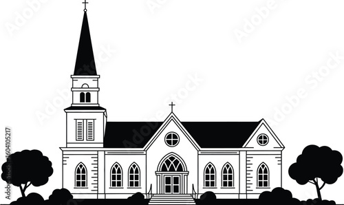 Black and White Church Building with Steeple and Trees Illustration
