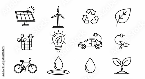 Sustainability & Eco-Friendly Line Icon Set – Renewable Energy, Recycling, Solar Panel, Wind Turbine, Organic Farming Vector

