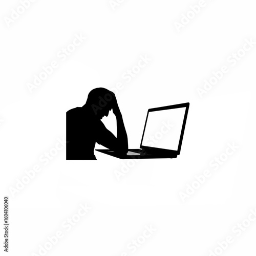 Silhouette of person frustrated at laptop screen on white background