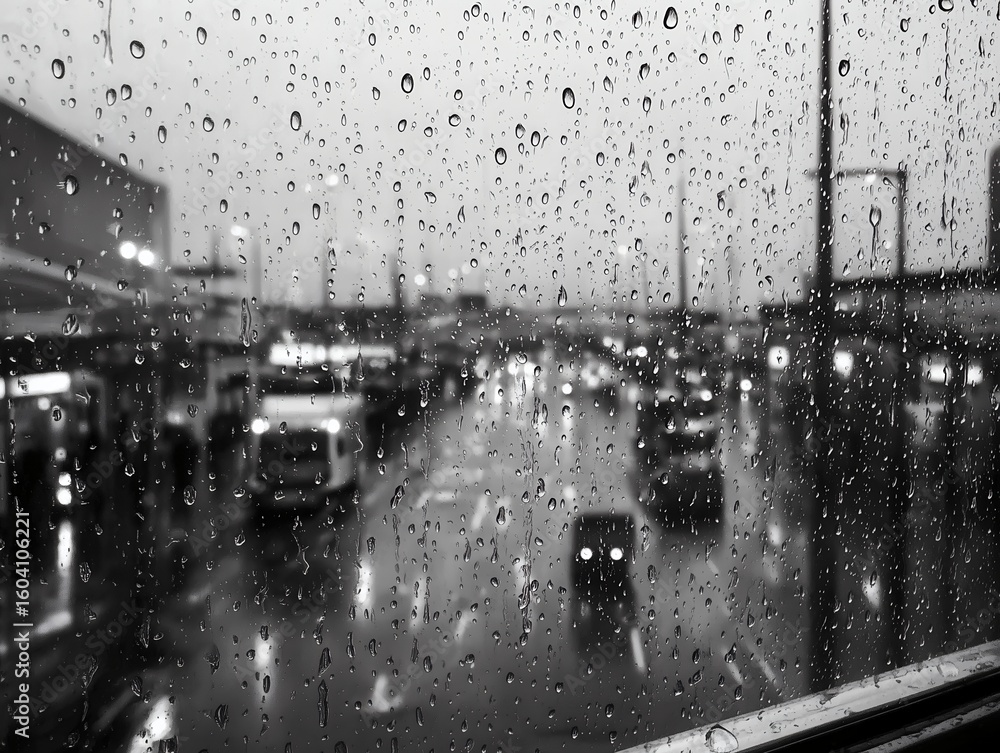 Obraz premium 雨粒越しに見える都市の夕暮れ