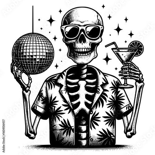 Skeleton in Hawaiian shirt with cocktail and disco ball, vacation and leisure concept. Vector illustration.