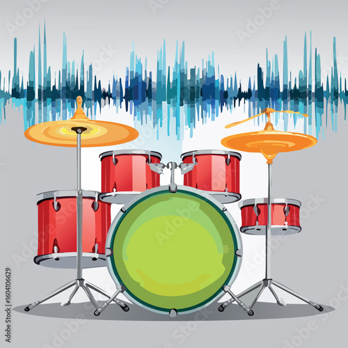 A vibrant illustration of a red drum kit with a dynamic blue soundwave background, representing music, rhythm, and sound.