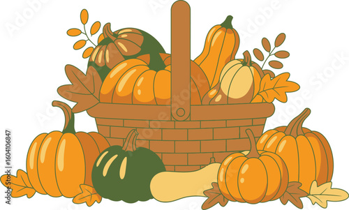 Autumn Harvest Basket with Pumpkins Gourds and Leaves Illustration