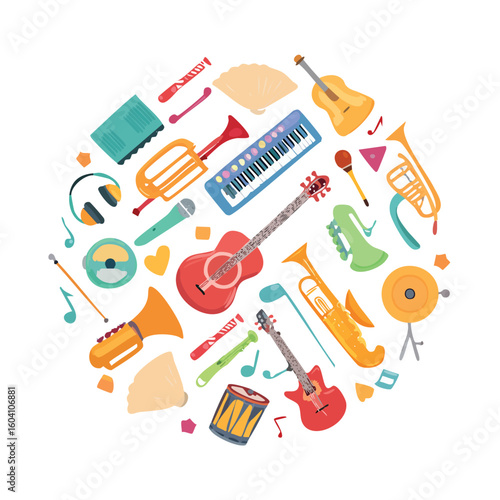 A colorful vector collection of musical instruments arranged in a circle. Flat design concept for music education, shops, and festivals.