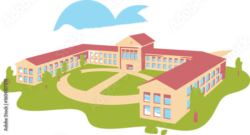 Cartoon illustration of a school building with green lawn and blue sky
