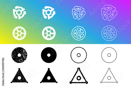 Collection of vinyl record adapter and audio hub vector icons in clean, grunge, and outline styles. Perfect for music-themed projects, branding, posters, or retro-inspired digital artwork.