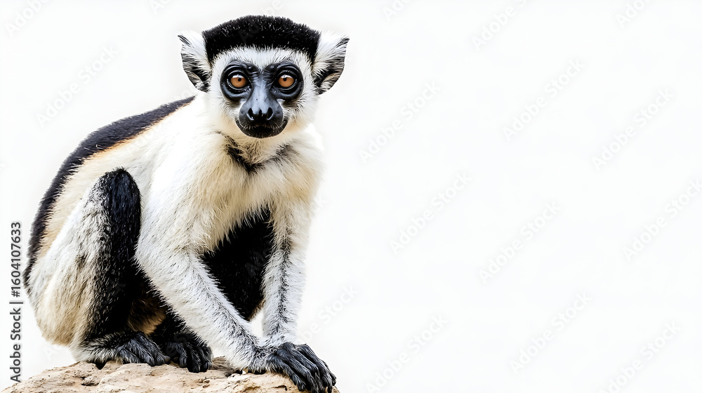 Fototapeta premium Close-up of a lemur, black and white markings, against a white background