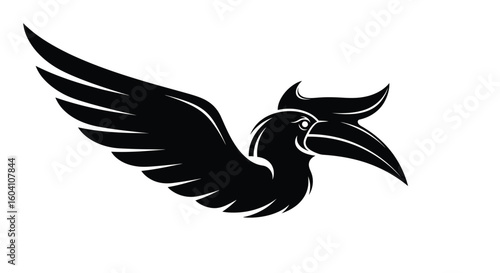 Monochrome illustration of a stylized hornbill in flight. A powerful and dynamic avian symbol for a logo or emblem design concept.