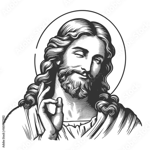 Jesus Christ with a crown of thorns, smiling and winking playfully, surrounded by a radiant halo sketch engraving fictional character vector illustration. Scratch board. Black and white.