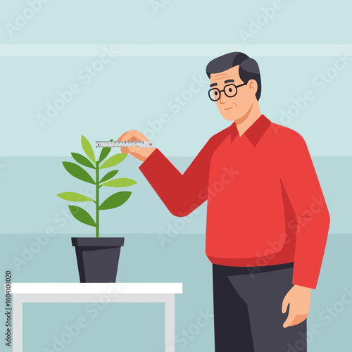 Man Measuring Green Plant Growth with Ruler in Pot on White Table