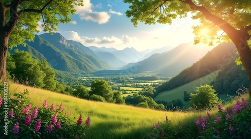 a serene landscape featuring a tranquil backdrop of natural scenery, set in an inviting environment perfect for relaxation or outdoor activities