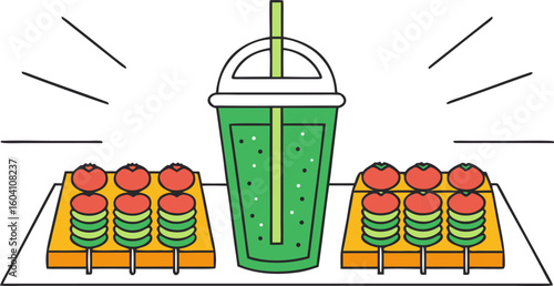 Hand holding a green smoothie cup above picnic spread of salads and fruit skewers.