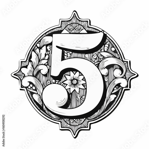 Number five with 3d bevel classic ornaments, engraving, and linocut style illustration
