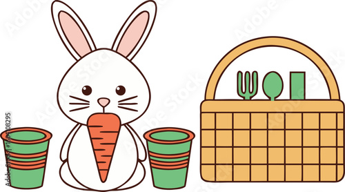 Rabbit nibbling carrot next to basket owner’s picnic cutlery and cups arranged neatly.