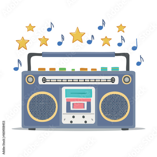 A classic blue retro boombox playing music, illustrated with floating musical notes and stars. Vector design of a vintage audio cassette player.