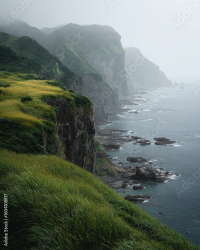 Misty coastal cliffs, lush green hills, and a vast ocean
