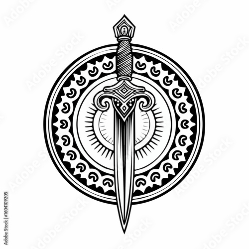 Dagger logo with ornaments engraving and linocut style illustration