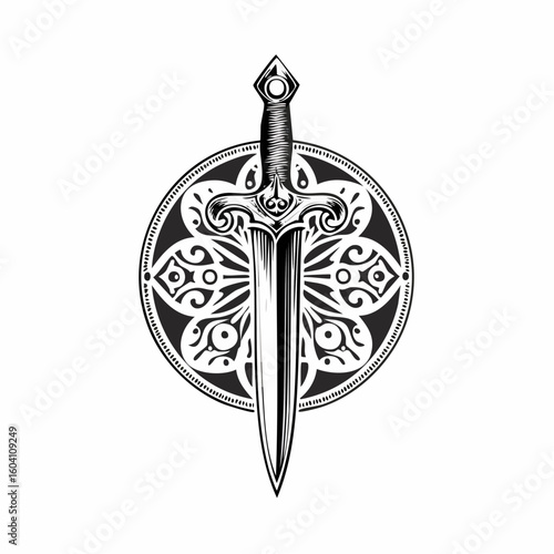 Dagger logo with ornaments engraving and linocut style illustration