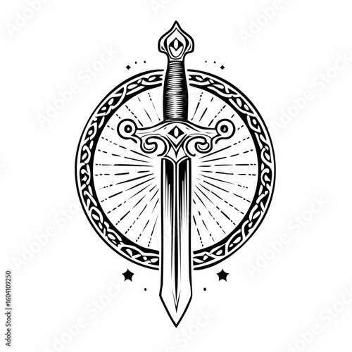 Dagger logo with ornaments engraving and linocut style illustration