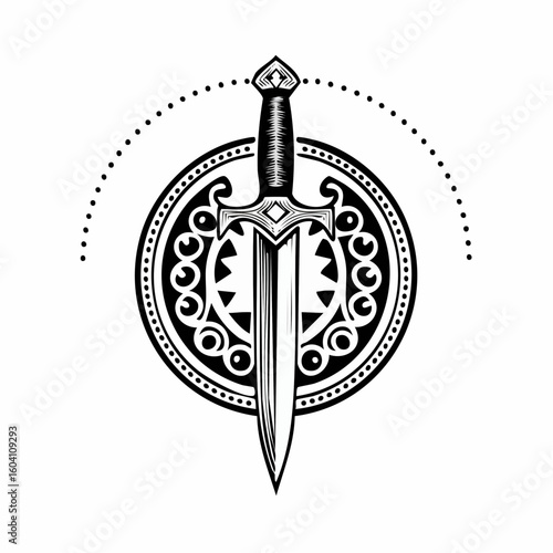 Dagger logo with ornaments engraving and linocut style illustration