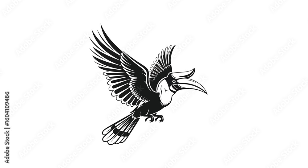 Obraz premium Striking Monochrome Illustration of a Majestic Hornbill in Dynamic Flight, Showcasing its Impressive Wingspan and Distinctive Beak, Perfect for Nature-Themed Designs and Wildlife Symbolism.