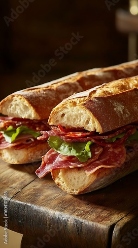 Two delicious salami sandwiches with fresh greens on a rustic wooden board