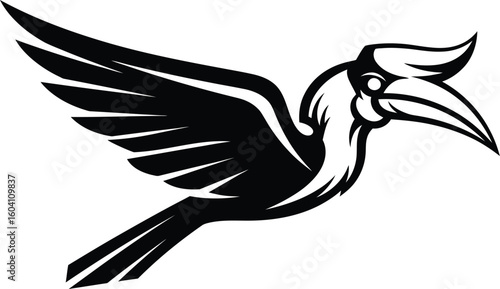 Bold black hornbill bird mascot in flight. A stylized monochrome graphic vector icon of an exotic avian creature soaring.