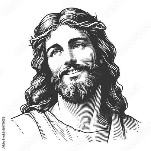 Jesus Christ smiling, surrounded by radiant circular halo lines sketch engraving fictional character vector illustration. Scratch board imitation. Black and white image.