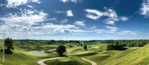 Panoramic view of a golf course with fairways, greens, and rolling hills under a partly cloudy sky
