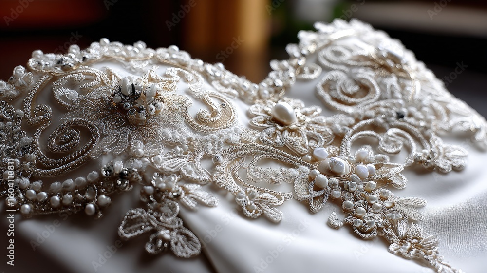 Obraz premium Detailed embroidery with pearls on fabric