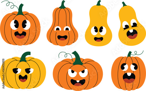Cartoon Pumpkins with Faces in Orange and Yellow on White Background
