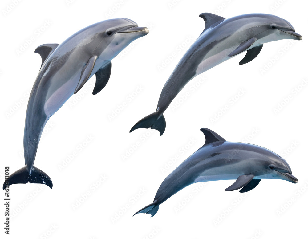 Obraz premium Playful Dolphins Jumping in Isolated Set of Images