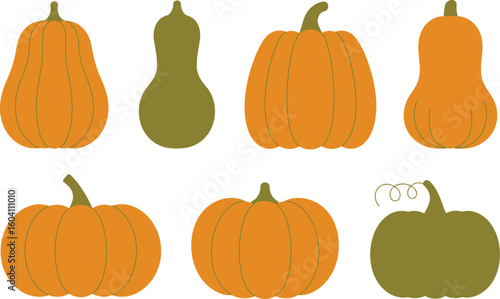 Flat Illustration of Various Orange and Green Pumpkins on White Background