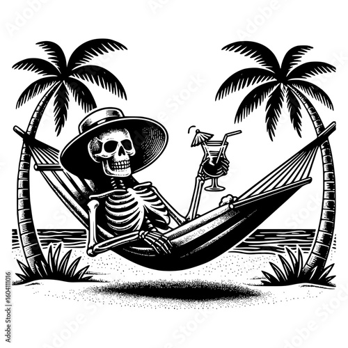 Skeleton relaxing on the beach among palm trees, lying in a hammock and holding a glass of cocktail, vacation concept. Vector illustration.