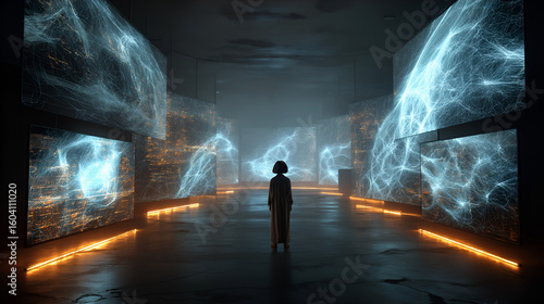 Mind's Eye: A solitary figure stands contemplating abstract energy fields, bathed in a cosmic glow within a mysterious, architecturally intriguing space.