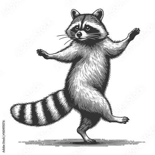 cheerful raccoon dancing, full of charm and playfulness sketch engraving vector illustration. Scratch board imitation. Black and white image.