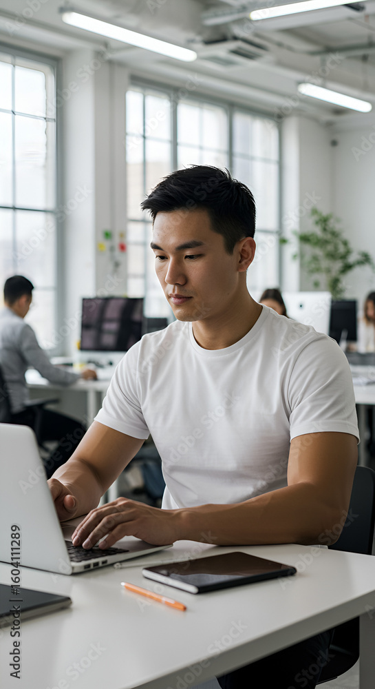 A man in a white t-shirt working on a laptop in an office A man in a white t-shirt working on a laptop in an office