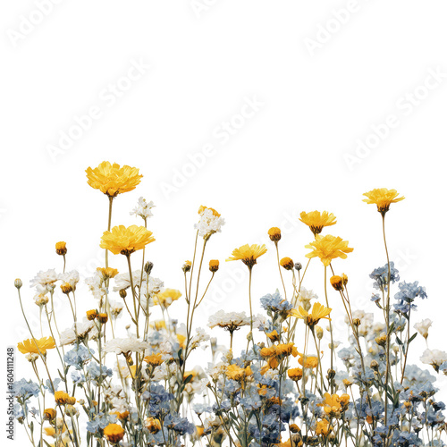 A vibrant arrangement of dried wildflowers in various shades of yellow, white, and blue