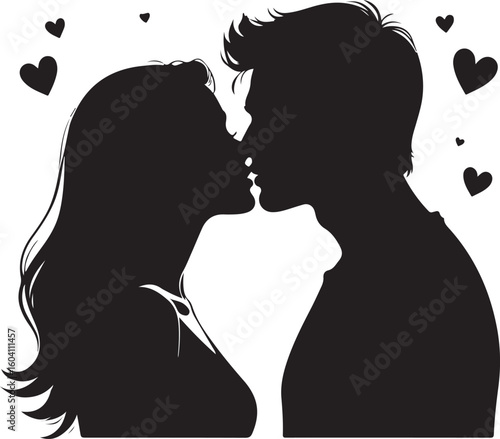 Couple kissing silhouette with hearts love