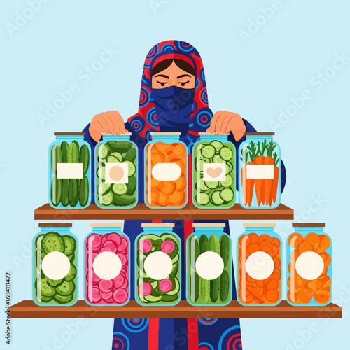 Woman with Pickled Vegetables in Jars on Wooden Shelf