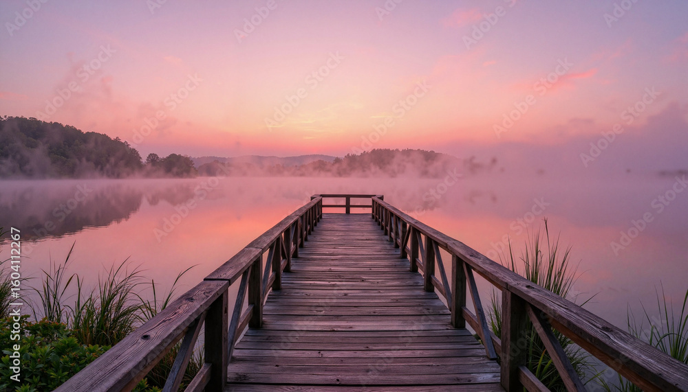 Obraz premium Wooden pier extends over a calm lake with fog at sunrise, offering a peaceful scene with diffused light suitable for travel or meditation themes with copy space.