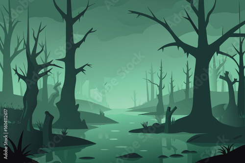 Eerie Swamp Landscape: Dark Green Silhouette Illustration