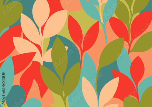 Vibrant abstract floral pattern with soft muted colors and organic leaf shapes for modern design