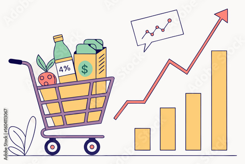 Illustrative depiction of a shopping cart filled with groceries next to a rising bar graph and a trend line indicating financial growth and market success
