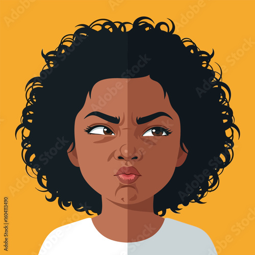 Cartoon Girl with Black Curly Hair Pouting on Golden Background