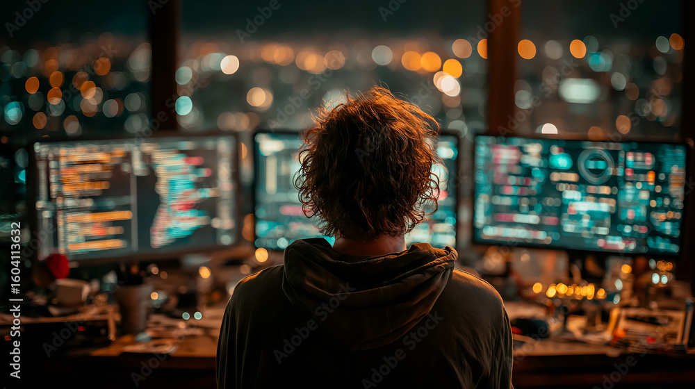 Fototapeta premium Tech Visionary at Work: A focused individual immersed in the world of technology, working diligently in front of multiple screens showcasing intricate coding and data visualizations.