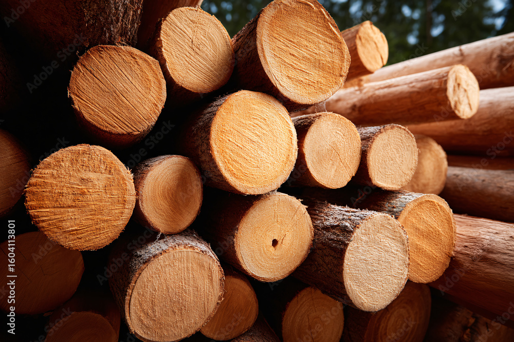 Wood Logs Stacked Neatly, Timber Industry, Forest Background, Close-Up Photography Wood Logs Stacked Neatly, Timber Industry, Forest Background, Close-Up Photography